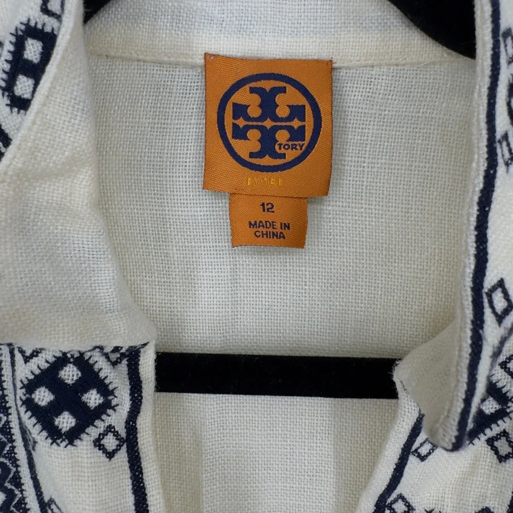 Tory Burch Ivory Linen Embroidered Tunic Top Navy Blue Geometric Boho Size 12